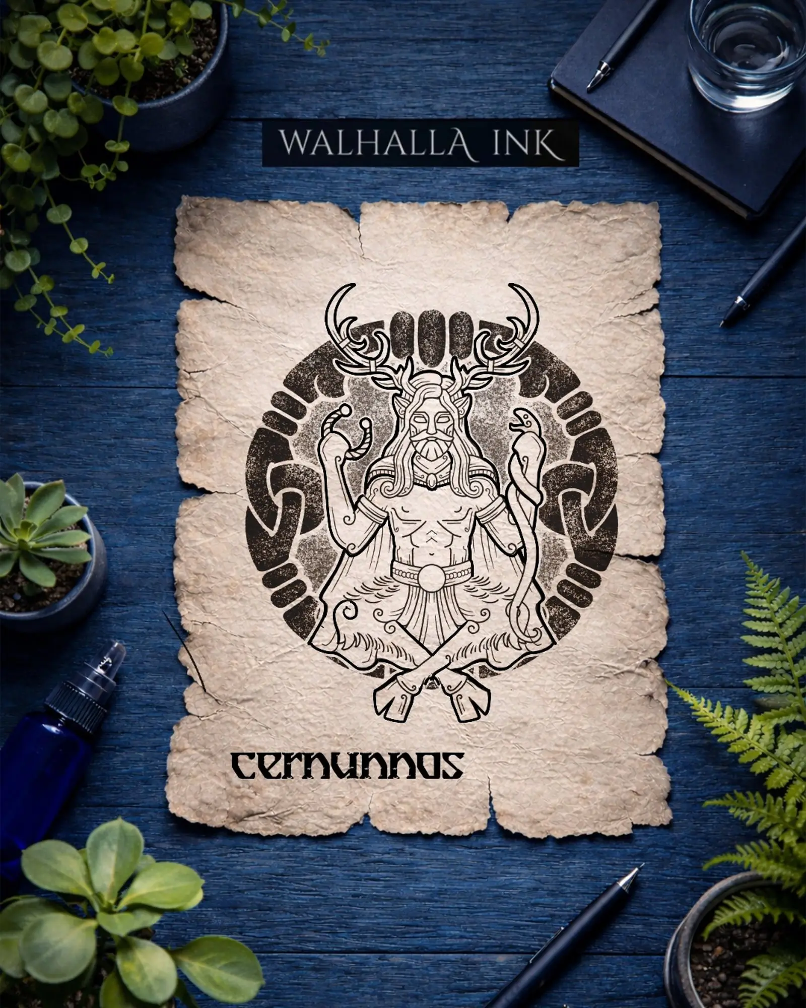 Ein Pergamentblatt mit der Aufschrift „WALHALLA INK“ und einer keltischen Abbildung von Cernunnos.