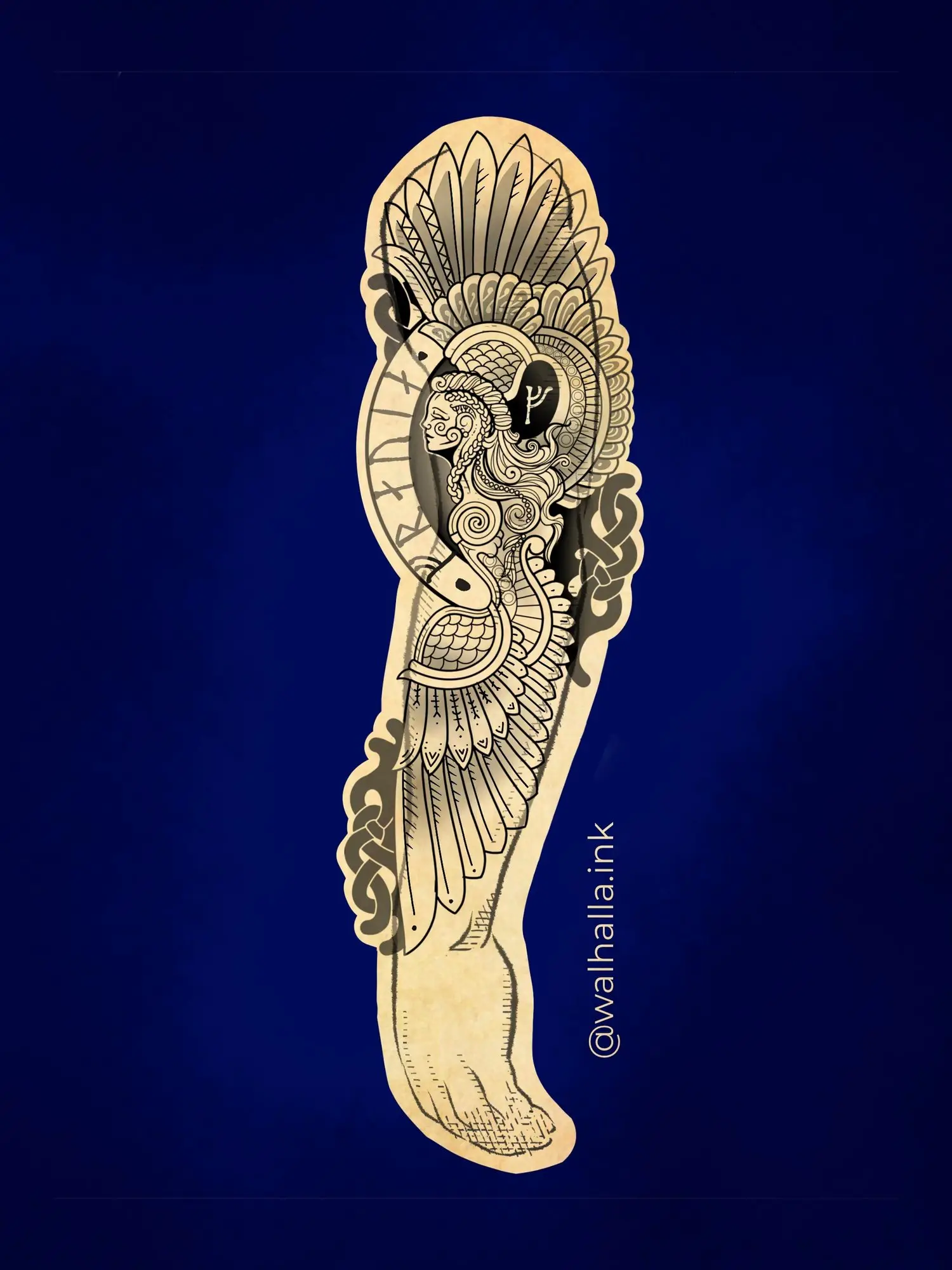 Bein-Tattoo-Design mit Wikingerfrau, Flügeln, Runen und keltischen Knoten auf dunklem Hintergrund.